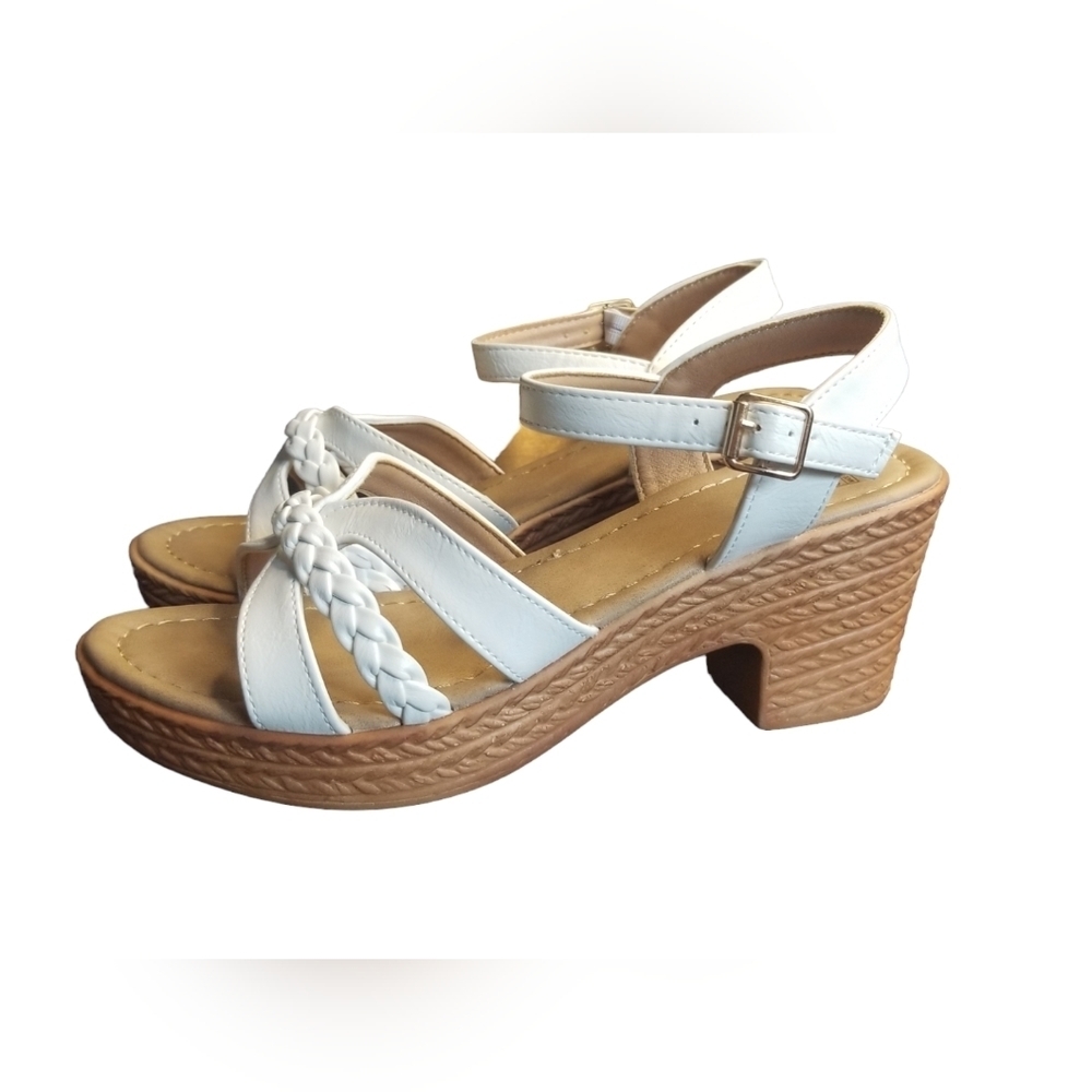 WHITE strappy braided platform chunky heel sandals